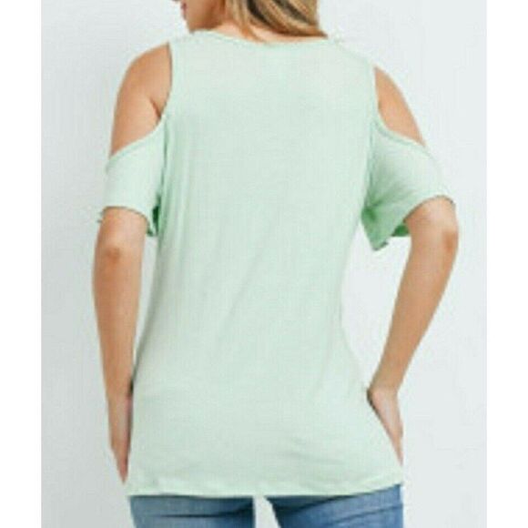 Sage Green Cold Shoulder Top Front Twist Knot Women's Small - Picture 3 of 6